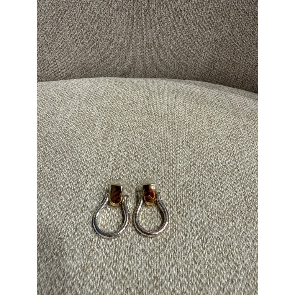 Vintage 1980s Door Knocker Earrings Gold Silver Two Tone Hoop Drop Retro